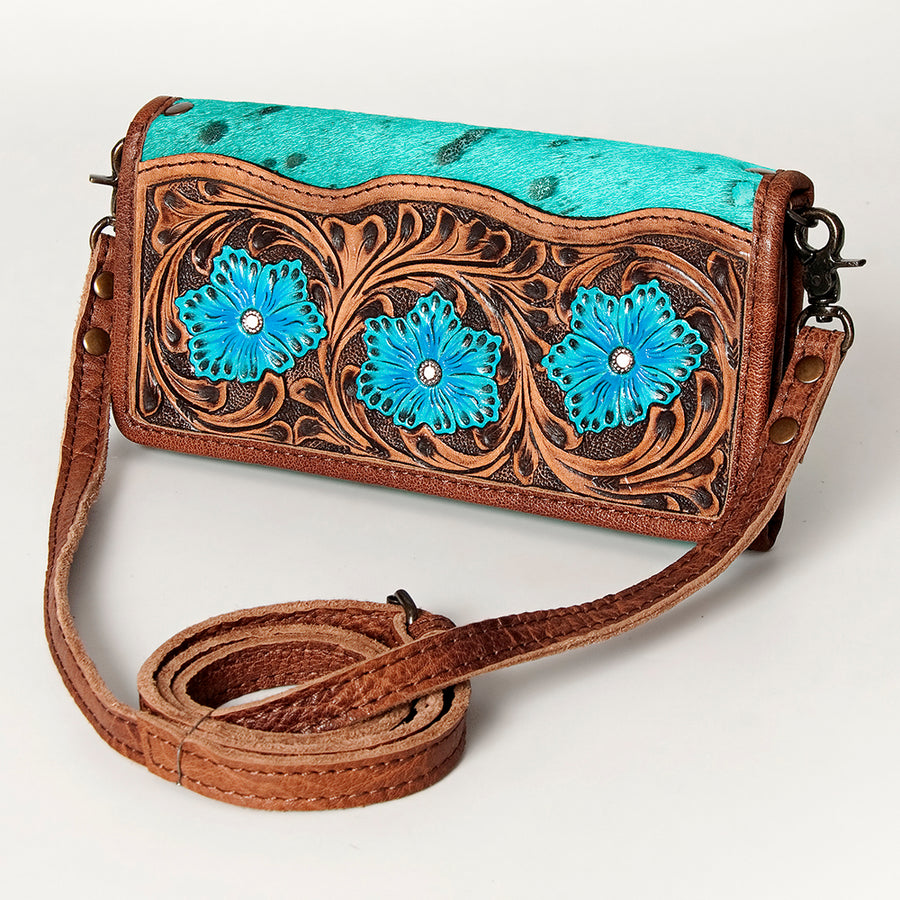 American Darling Hand Tooled Floral and Hair-On Cowhide Western Wallet Bag - Uhorse