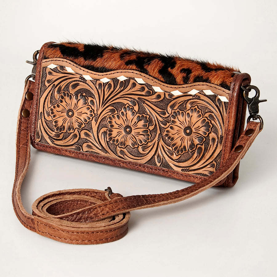 American Darling Hand Tooled Floral and Hair-On Cowhide Western Wallet Bag - Uhorse