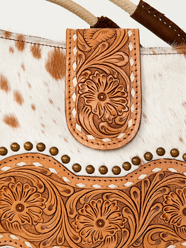 American Darling Messenger Bag, Hand-Tooled Floral Western Leather Purse, Buck Stitched, 9.5in (H) X 12in (W) X 3.5in (D)