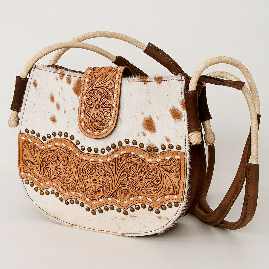 American Darling Messenger Bag, Hand-Tooled Floral Western Leather Purse, Buck Stitched, 9.5in (H) X 12in (W) X 3.5in (D)