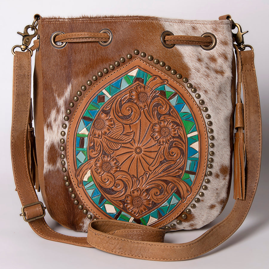 American Darling Bucket Bag Hand Tooled Floral Leather & Hair-On Cowhide Western Crossbody Purse 14in x 12in