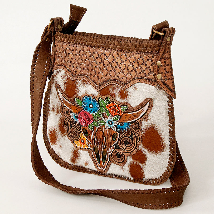 American Darling Large Cross body Bag Hand Tooled Longhorn Floral Hair-On Cowhide Western Leather Purse 11in x 11.5in