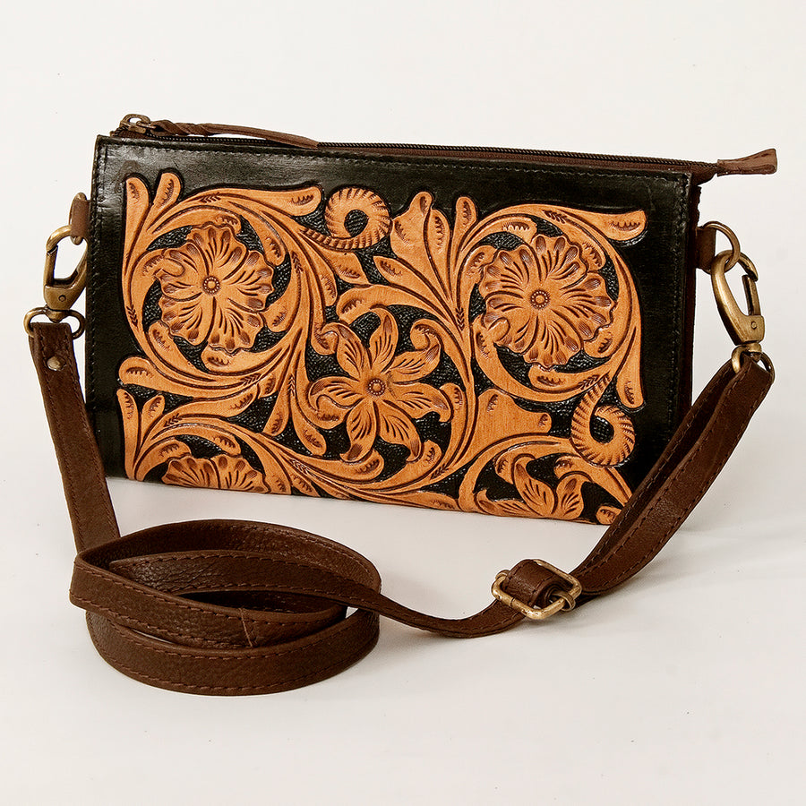 American Darling Small Cross body Bag Hand Tooled Floral Carved Vegetable Tanned Western Leather Purse 6in x 10.1in
