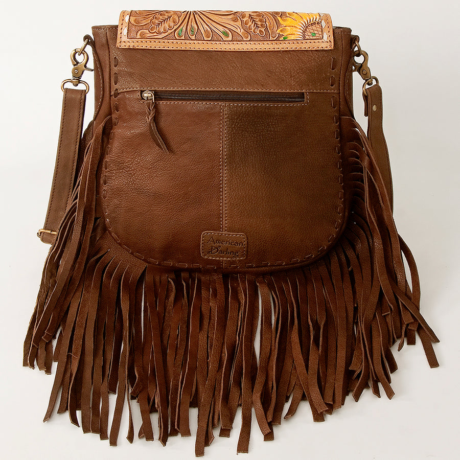 American Darling Messenger Bag Hand Tooled Sunflower Cactus Leather with Fringes Western Crossbody 11.5in x 11.5in