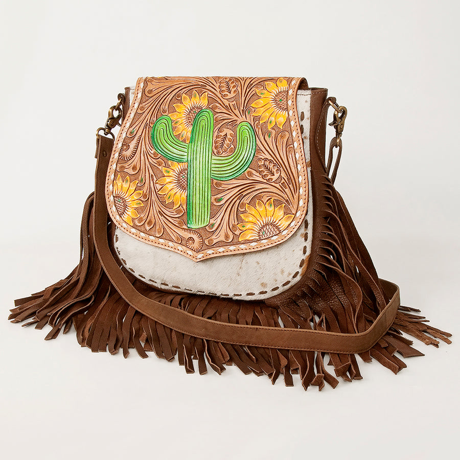 American Darling Hand Tooled Messenger Bag - Fringed Cowhide Western Leather Purse - Uhorse