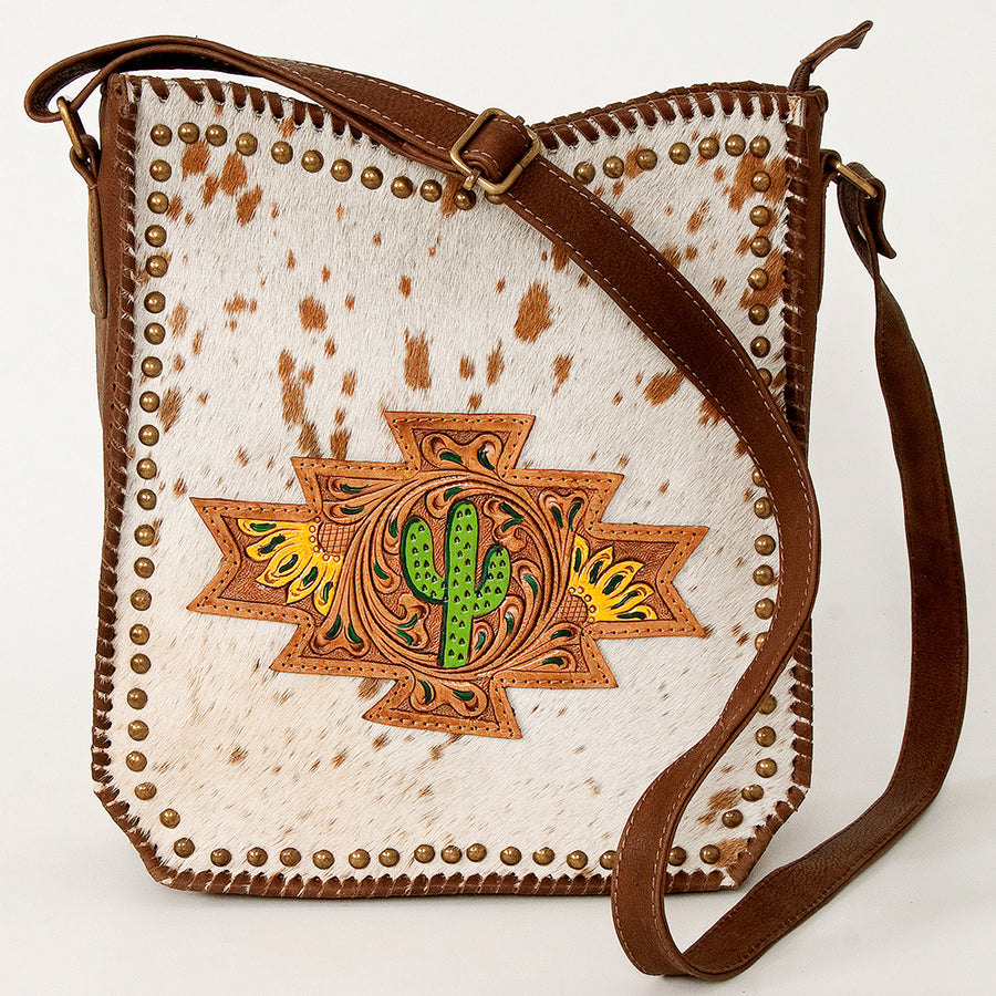 American Darling Large Cross body Bag Hand Tooled Cactus Floral Hair-On Cowhide Western Leather Purse 11.5in x 11in
