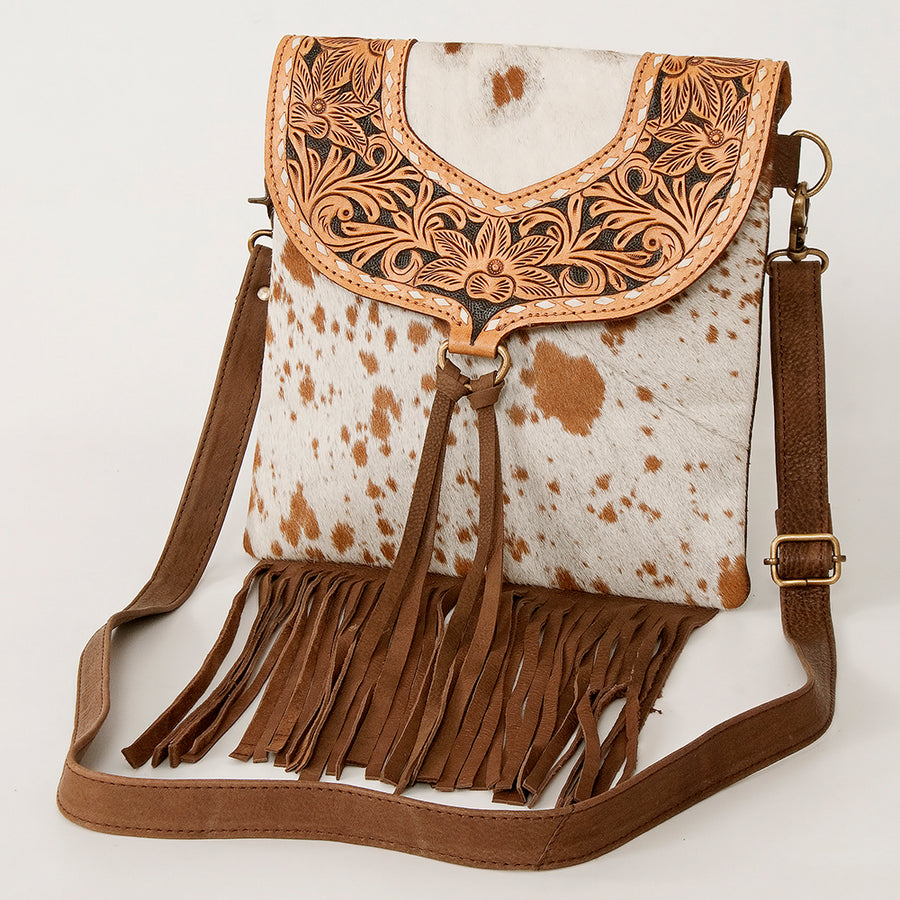 Brown and white cowhide leather crossbody bag with tooled flap and fringe - Uhorse