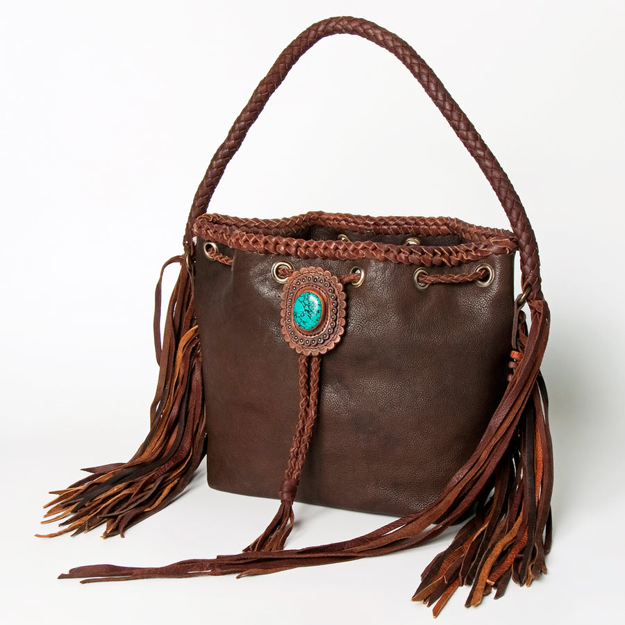 Brown leather shoulder bag with turquoise stone and fringe - Uhorse