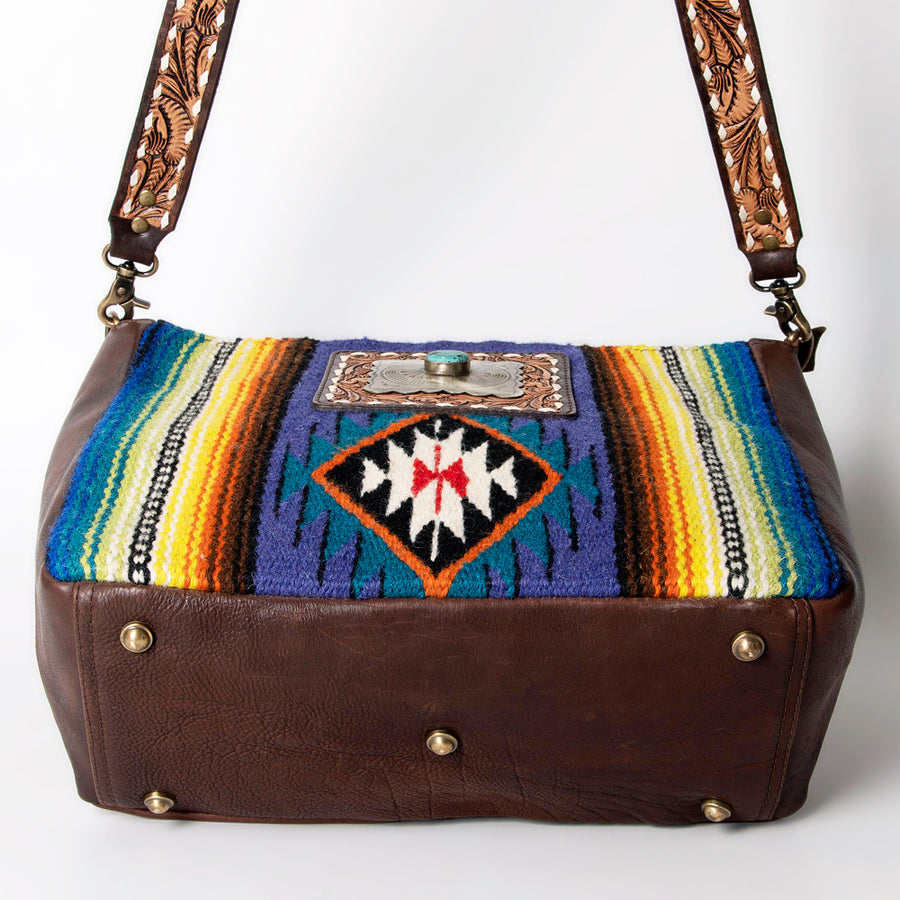 American Darling Large Cross body Bag Hand Woven Saddle Blanket Vegetable-Tanned Genuine Leather Floral Carved Buck Stitched Turquoise Concho