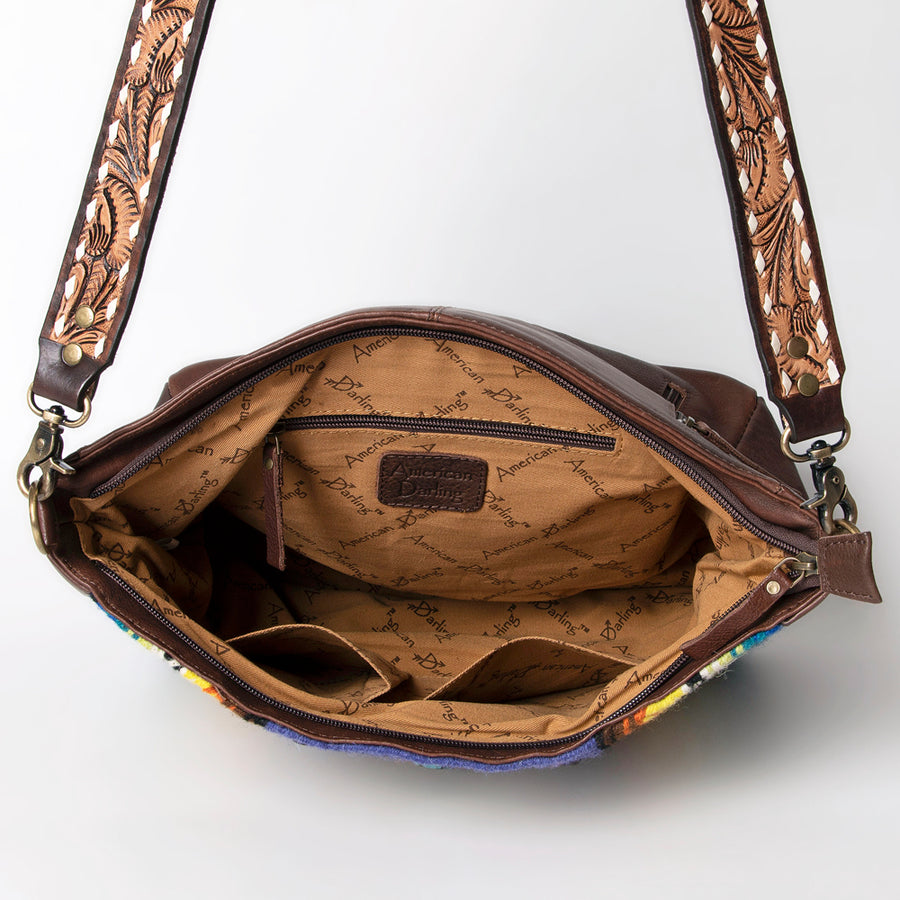 American Darling Large Cross body Bag Hand Woven Saddle Blanket Vegetable-Tanned Genuine Leather Floral Carved Buck Stitched Turquoise Concho