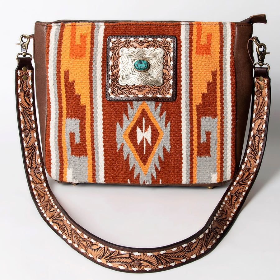 American Darling Large Cross body Bag Hand Woven Saddle Blanket Vegetable-Tanned Genuine Leather Floral Carved Buck Stitched Turquoise Concho