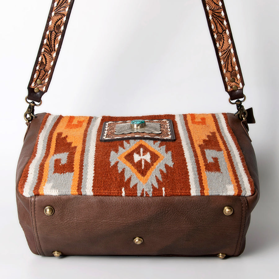 American Darling Large Cross body Bag Hand Woven Saddle Blanket Vegetable-Tanned Genuine Leather Floral Carved Buck Stitched Turquoise Concho