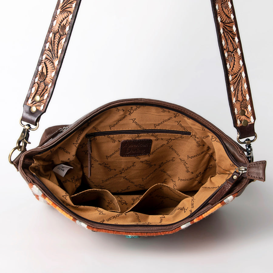 American Darling Large Cross body Bag Hand Woven Saddle Blanket Vegetable-Tanned Genuine Leather Floral Carved Buck Stitched Turquoise Concho