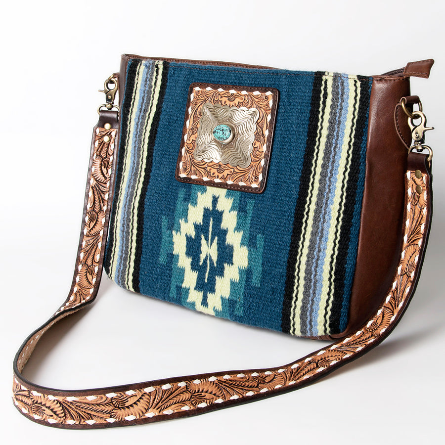 American Darling Large Cross body Bag Hand Woven Saddle Blanket Vegetable-Tanned Genuine Leather Floral Carved Buck Stitched Turquoise Concho