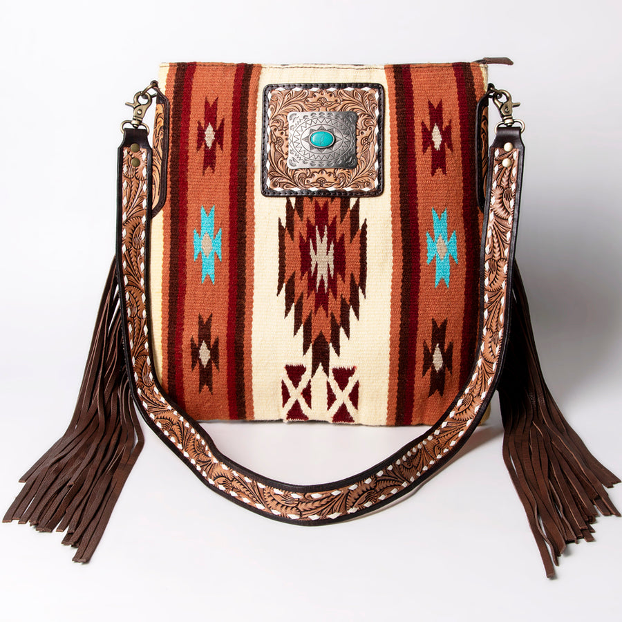 American Darling Large Cross body Bag Hand-Woven Saddle Blanket Vegetable-Tanned Genuine Leather Fringes Turquoise Concho
