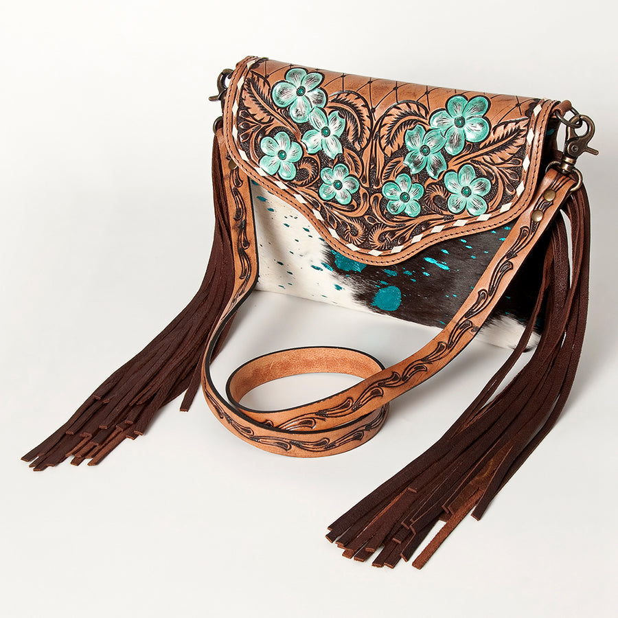 American Darling Hand Tooled Floral Leather and Hair-On Cowhide Cross body Bag with Fringes - Uhorse