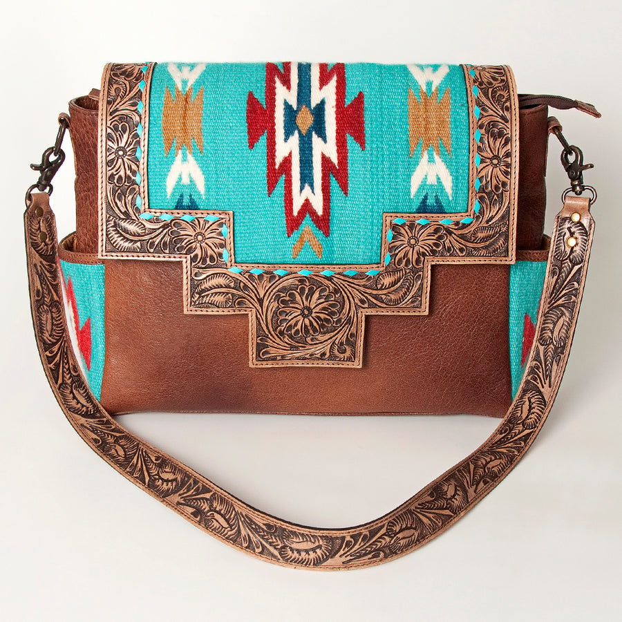 American Darling Messenger Bag Western Leather Hand Tooled Floral Carved Hair-On Cowhide Buckstitched 12in x 16in
