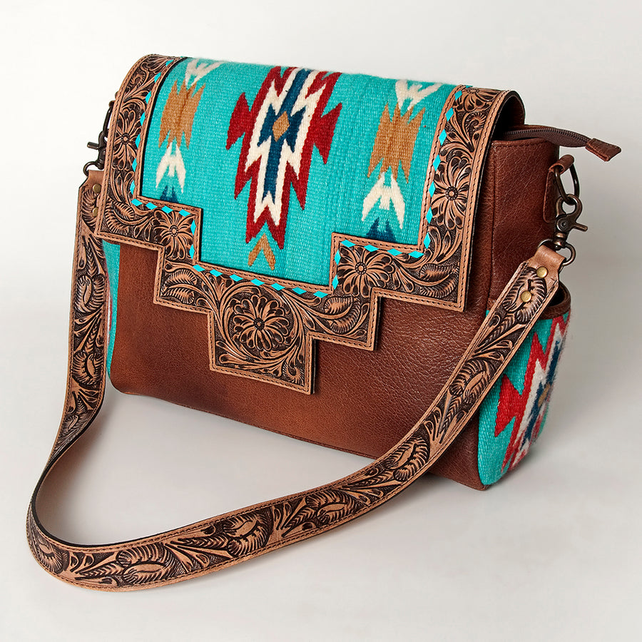 American Darling Western Messenger Bag Hand Tooled Floral with Hand Woven Saddle Blanket - Uhorse