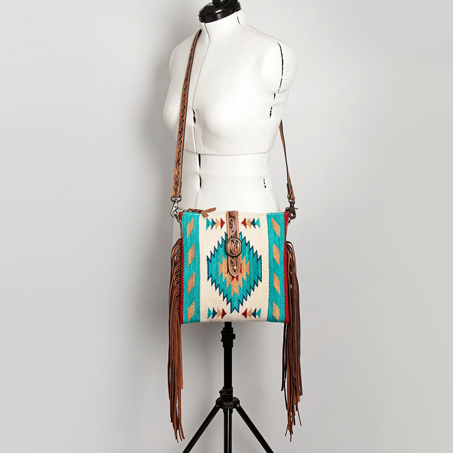 American Darling Hand Woven Saddle Blanket & Handcrafted Western Hand Tooled Cross body Bag, Genuine Vegetable-Tanned Leather