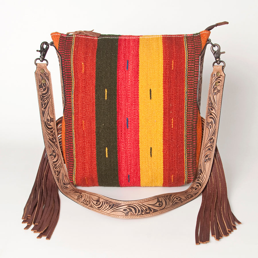 American Darling Cross body Bag Hand Woven Saddle Blanket Hand Tooled Western Leather Purse with Fringes 15in x 15in x 3in