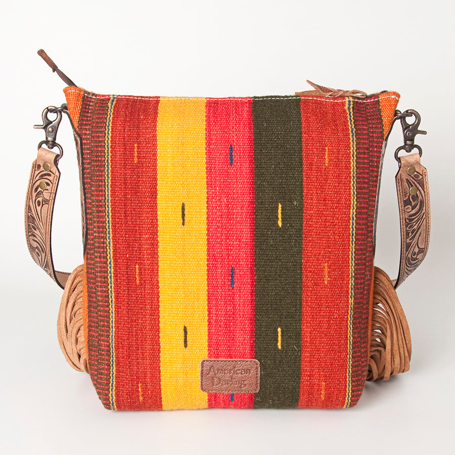 American Darling Cross body Bag Hand Woven Saddle Blanket Hand Tooled Western Leather Purse with Fringes 15in x 15in x 3in