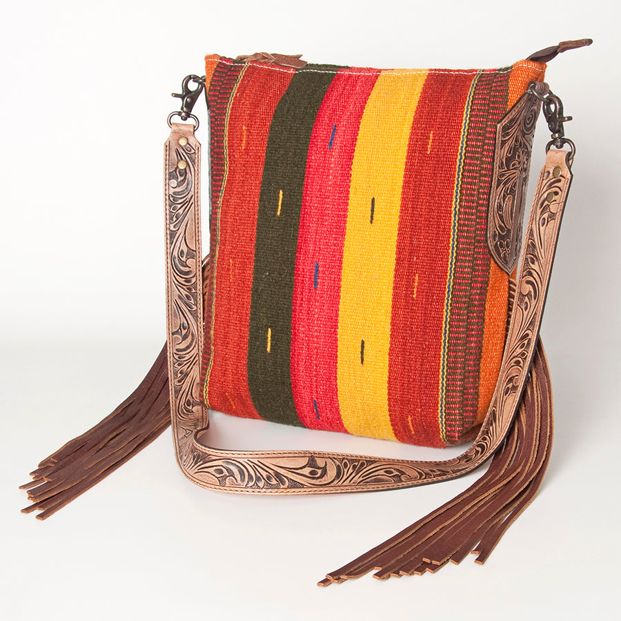 American Darling Hand Woven Saddle Blanket Western Leather Cross body Bag with Fringes - Uhorse