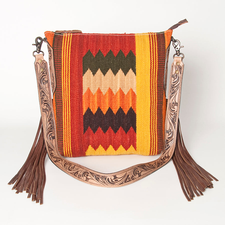American Darling Cross body Bag Hand Woven Saddle Blanket Hand Tooled Western Leather Purse with Fringes 15in x 15in x 3in