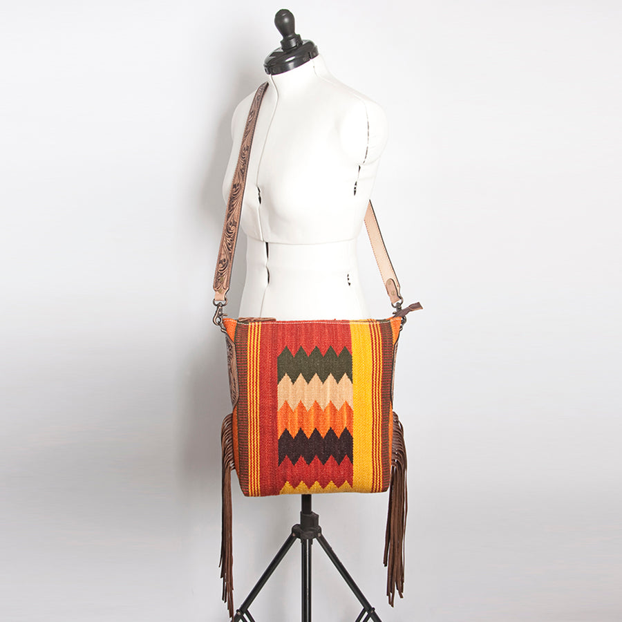 American Darling Cross body Bag Hand Woven Saddle Blanket Hand Tooled Western Leather Purse with Fringes 15in x 15in x 3in