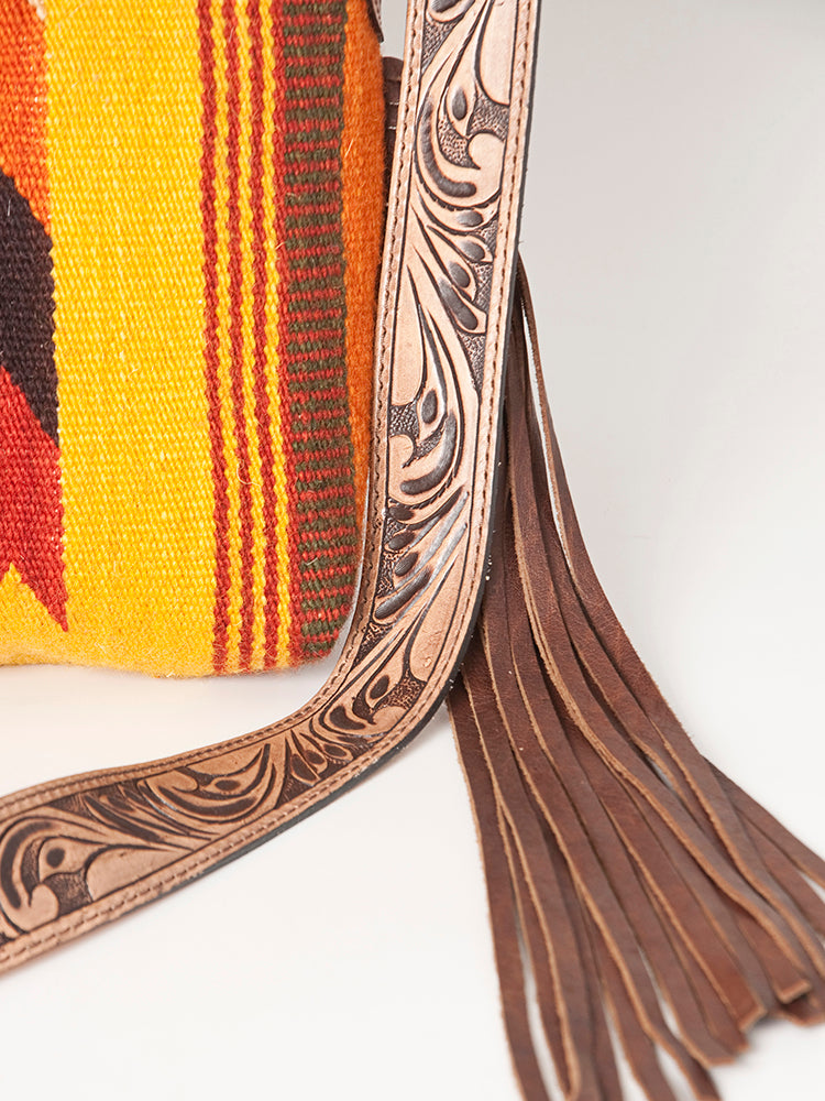 American Darling Cross body Bag Hand Woven Saddle Blanket Hand Tooled Western Leather Purse with Fringes 15in x 15in x 3in