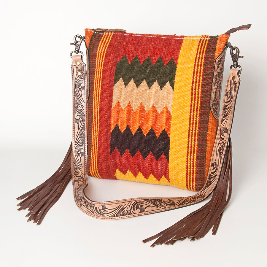 American Darling Hand Woven Saddle Blanket Western Leather Cross body Bag with Fringes - Uhorse