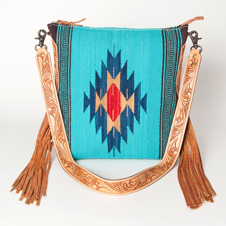 American Darling Cross body Bag Hand Woven Saddle Blanket Hand Tooled Western Leather Purse with Fringes 15in x 15in x 3in