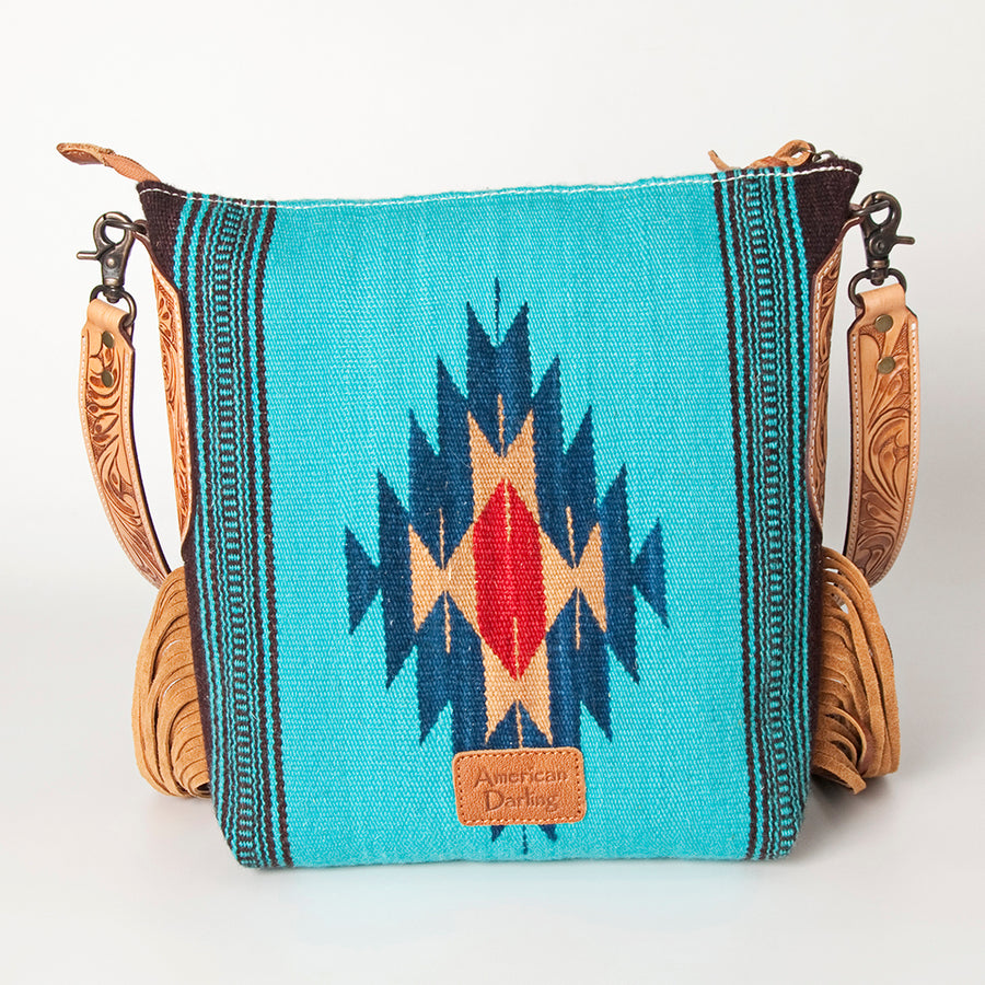American Darling Cross body Bag Hand Woven Saddle Blanket Hand Tooled Western Leather Purse with Fringes 15in x 15in x 3in
