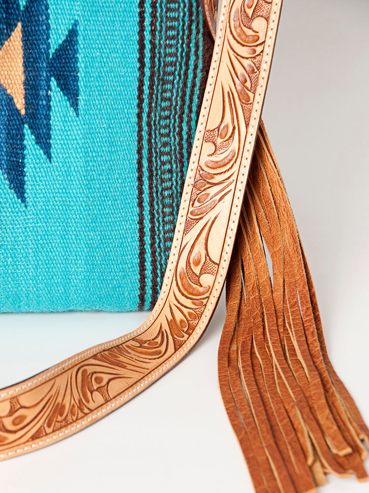 American Darling Cross body Bag Hand Woven Saddle Blanket Hand Tooled Western Leather Purse with Fringes 15in x 15in x 3in