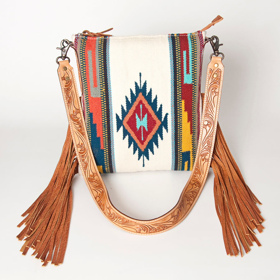 American Darling Cross body Bag Hand Woven Saddle Blanket Hand Tooled Western Leather Purse with Fringes 15in x 15in x 3in