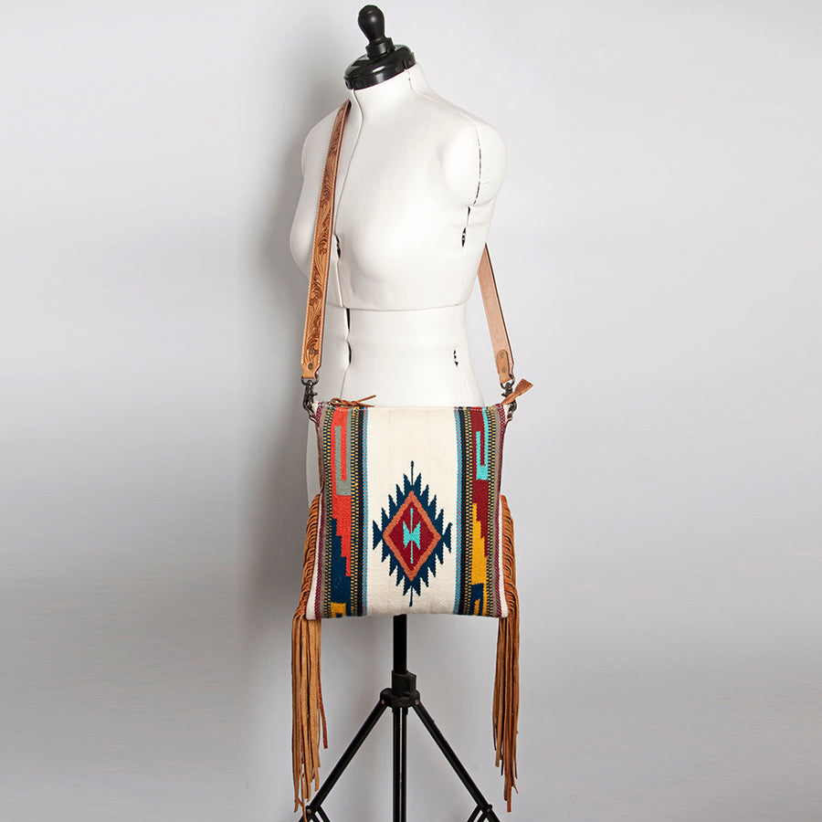 American Darling Cross body Bag Hand Woven Saddle Blanket Hand Tooled Western Leather Purse with Fringes 15in x 15in x 3in