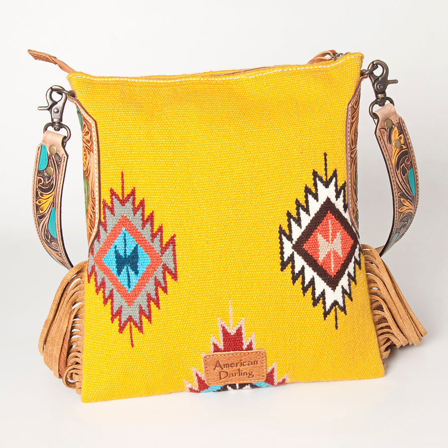 American Darling Cross body Bag Hand Woven Saddle Blanket Hand Tooled Western Leather Purse with Fringes 15in x 15in x 3in