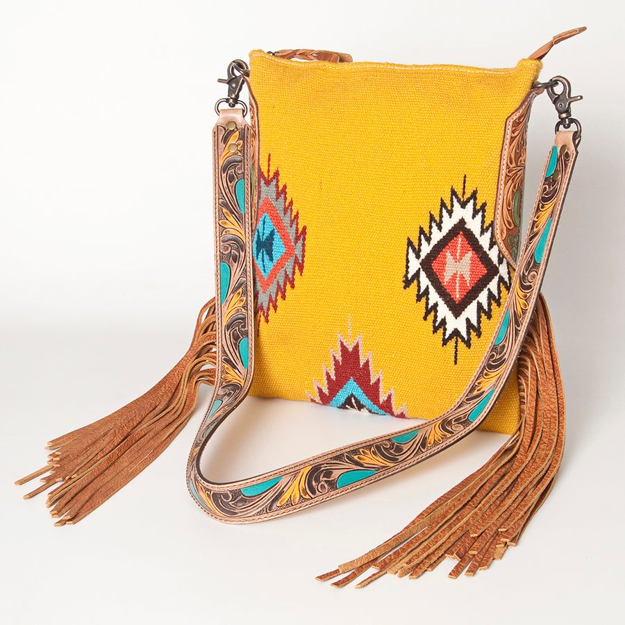 American Darling Hand Woven Saddle Blanket Western Leather Cross body Bag with Fringes - Uhorse