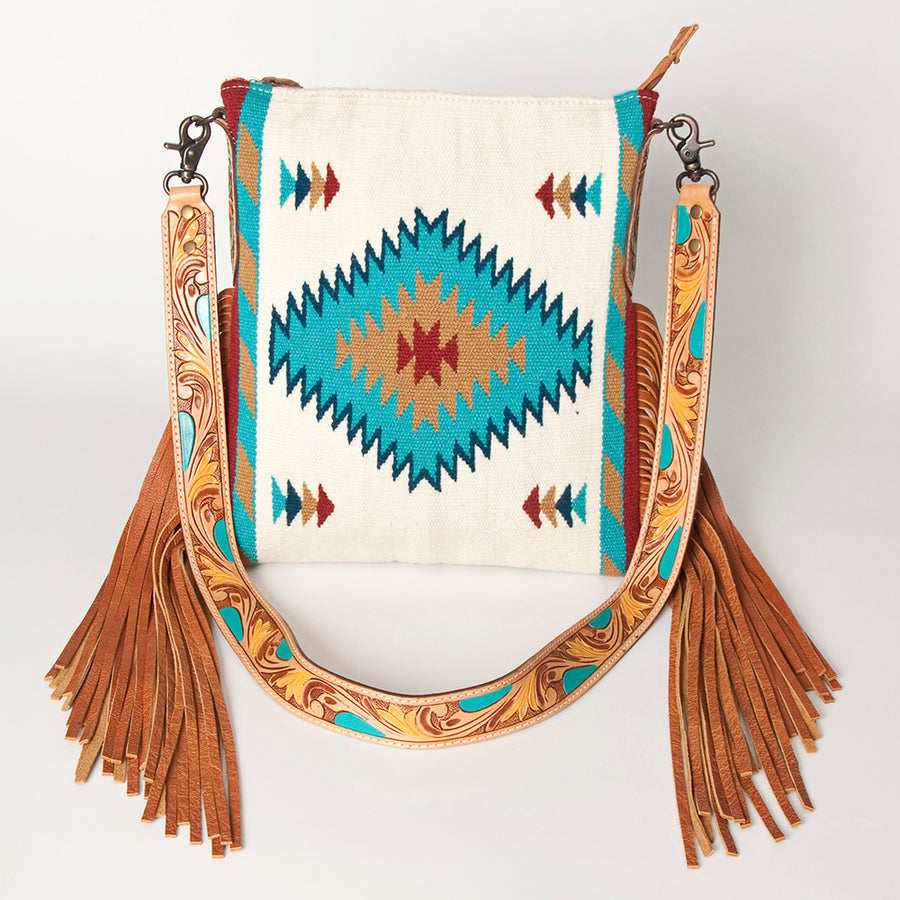 American Darling Cross body Bag Hand Woven Saddle Blanket Hand Tooled Western Leather Purse with Fringes 15in x 15in x 3in