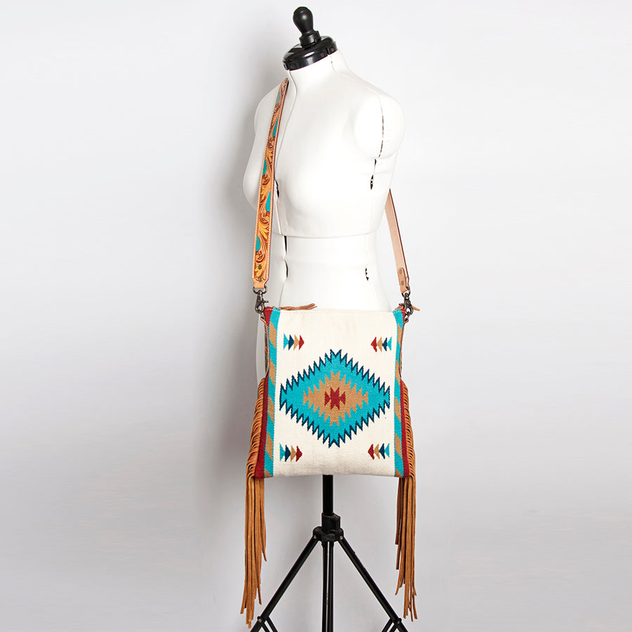 American Darling Cross body Bag Hand Woven Saddle Blanket Hand Tooled Western Leather Purse with Fringes 15in x 15in x 3in