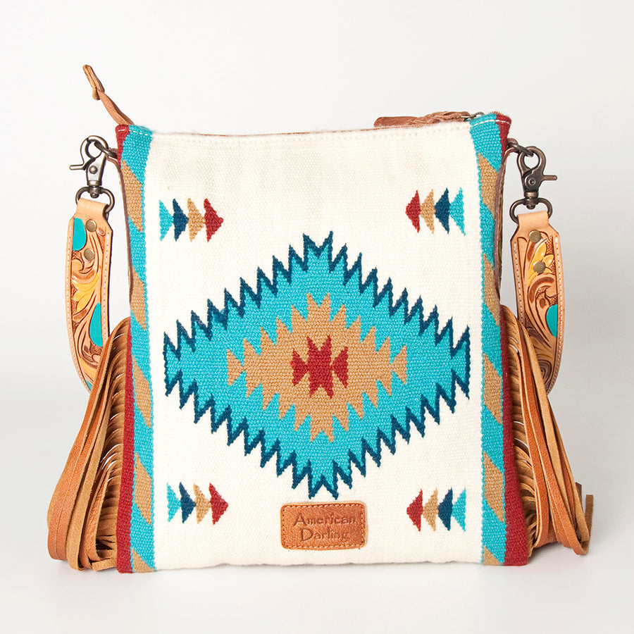 American Darling Cross body Bag Hand Woven Saddle Blanket Hand Tooled Western Leather Purse with Fringes 15in x 15in x 3in