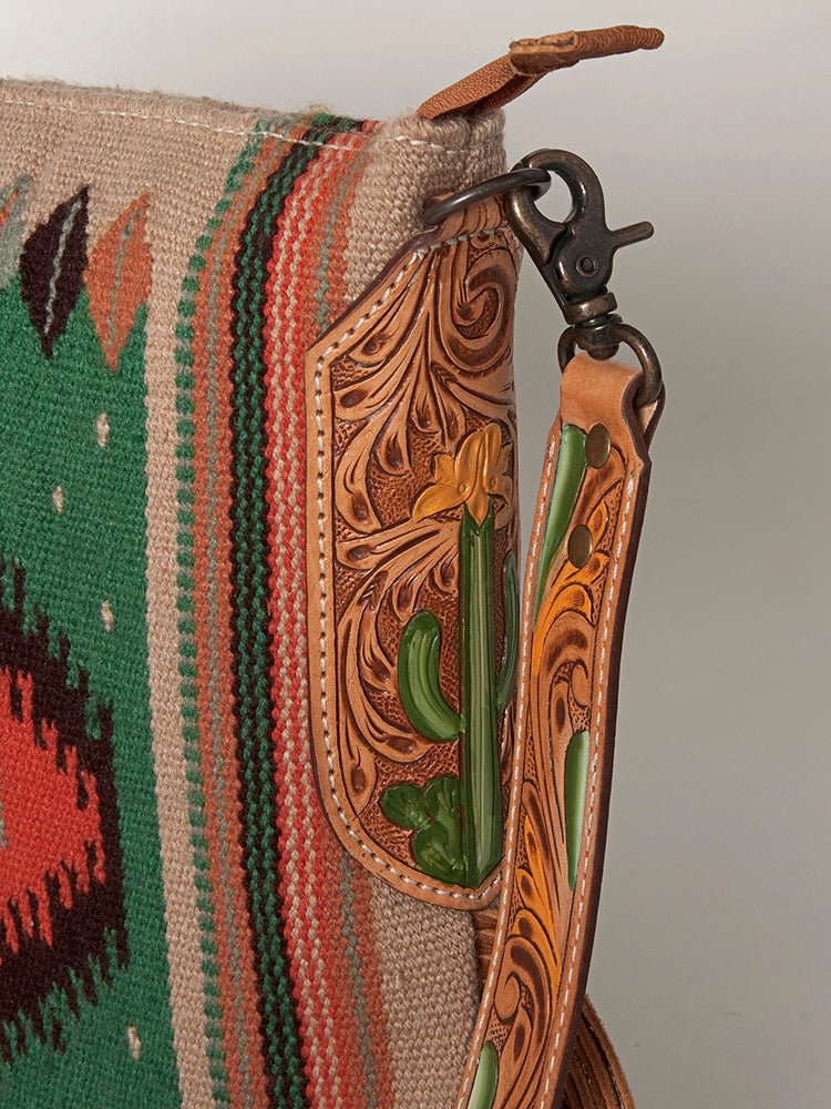 American Darling Cross body Bag Hand Woven Saddle Blanket Hand Tooled Western Leather Purse with Fringes 15in x 15in x 3in