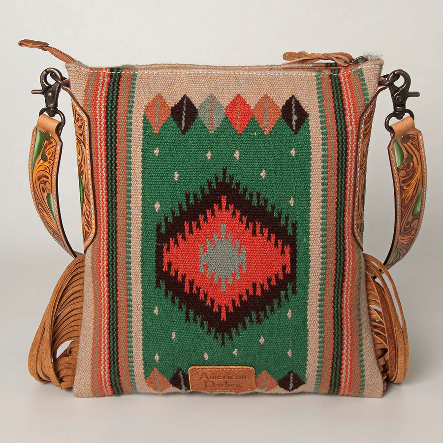 American Darling Cross body Bag Hand Woven Saddle Blanket Hand Tooled Western Leather Purse with Fringes 15in x 15in x 3in