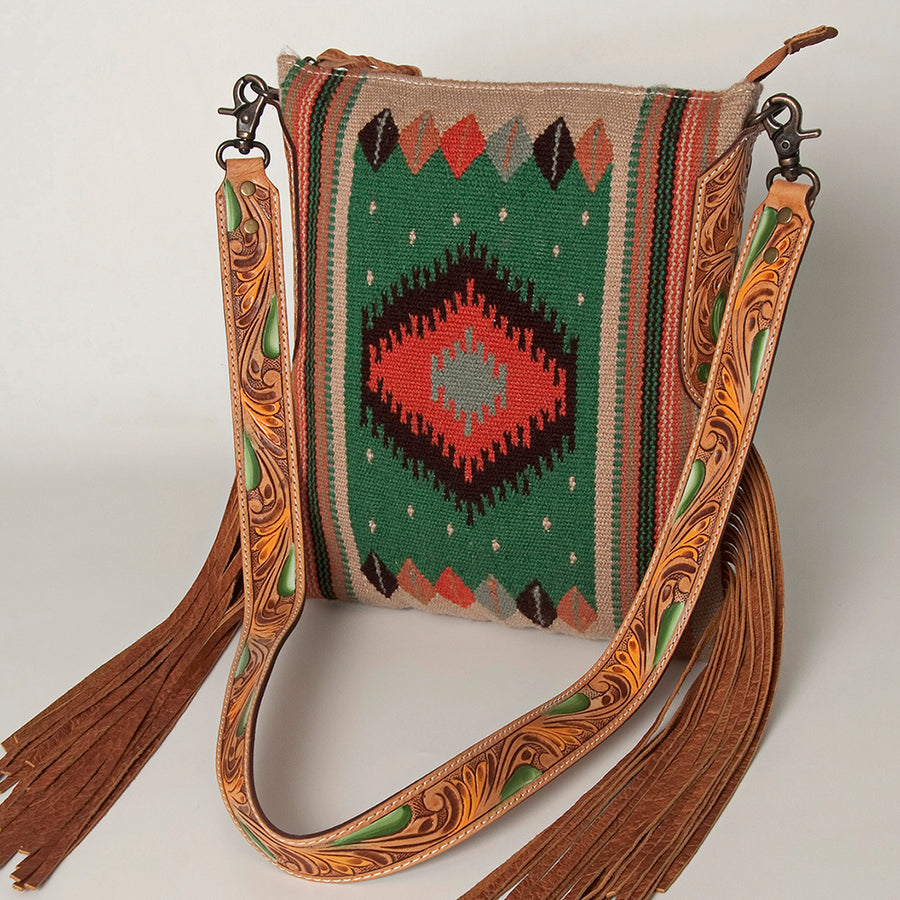 American Darling Hand Woven Saddle Blanket Western Leather Cross body Bag with Fringes - Uhorse