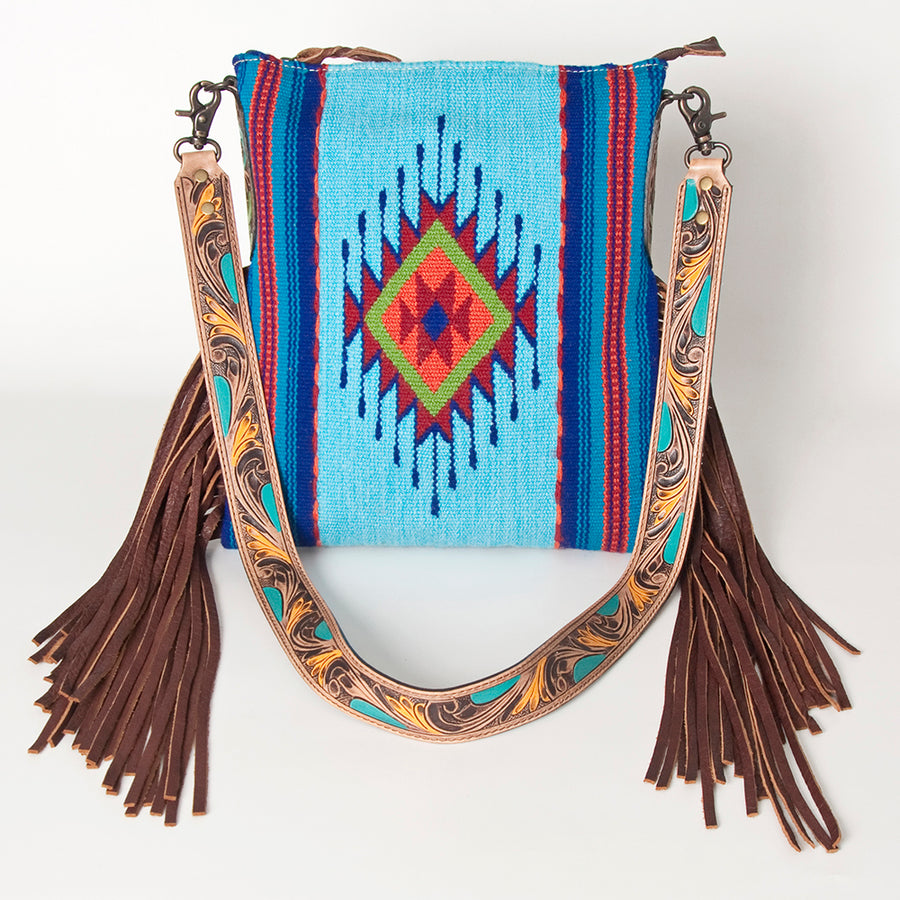 American Darling Cross body Bag Hand Woven Saddle Blanket Hand Tooled Western Leather Purse with Fringes 15in x 15in x 3in