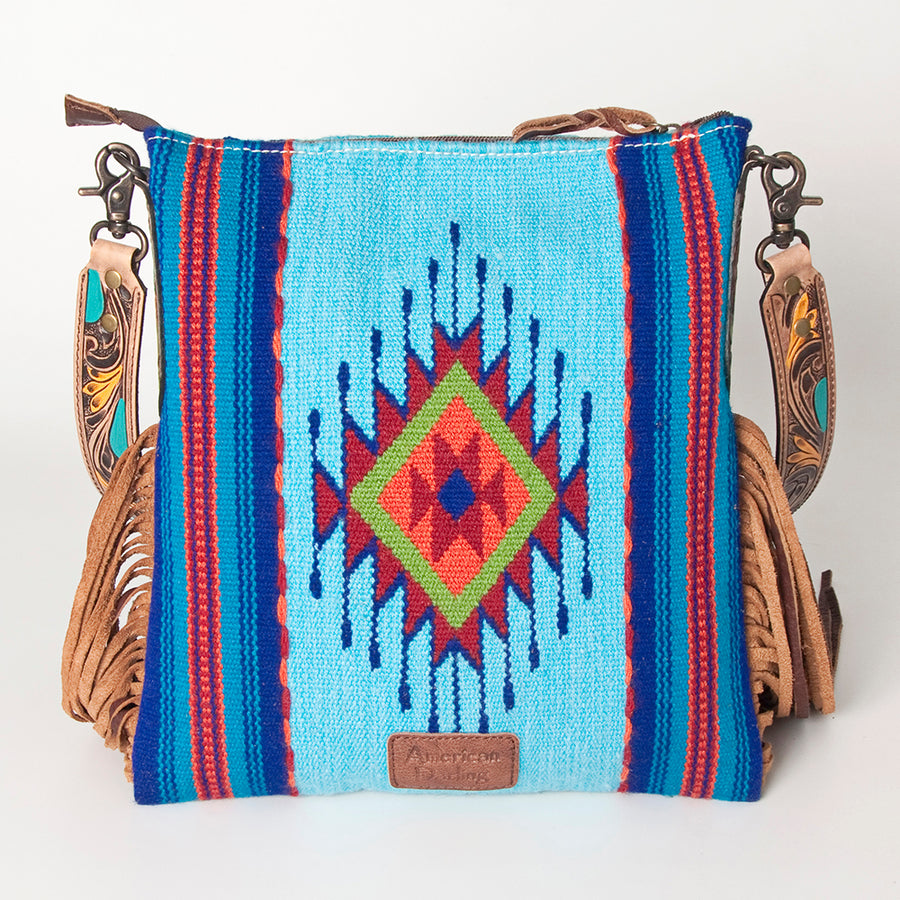 American Darling Cross body Bag Hand Woven Saddle Blanket Hand Tooled Western Leather Purse with Fringes 15in x 15in x 3in