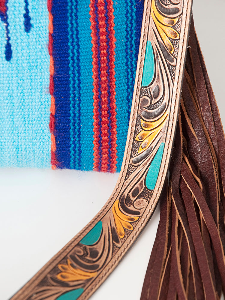American Darling Cross body Bag Hand Woven Saddle Blanket Hand Tooled Western Leather Purse with Fringes 15in x 15in x 3in
