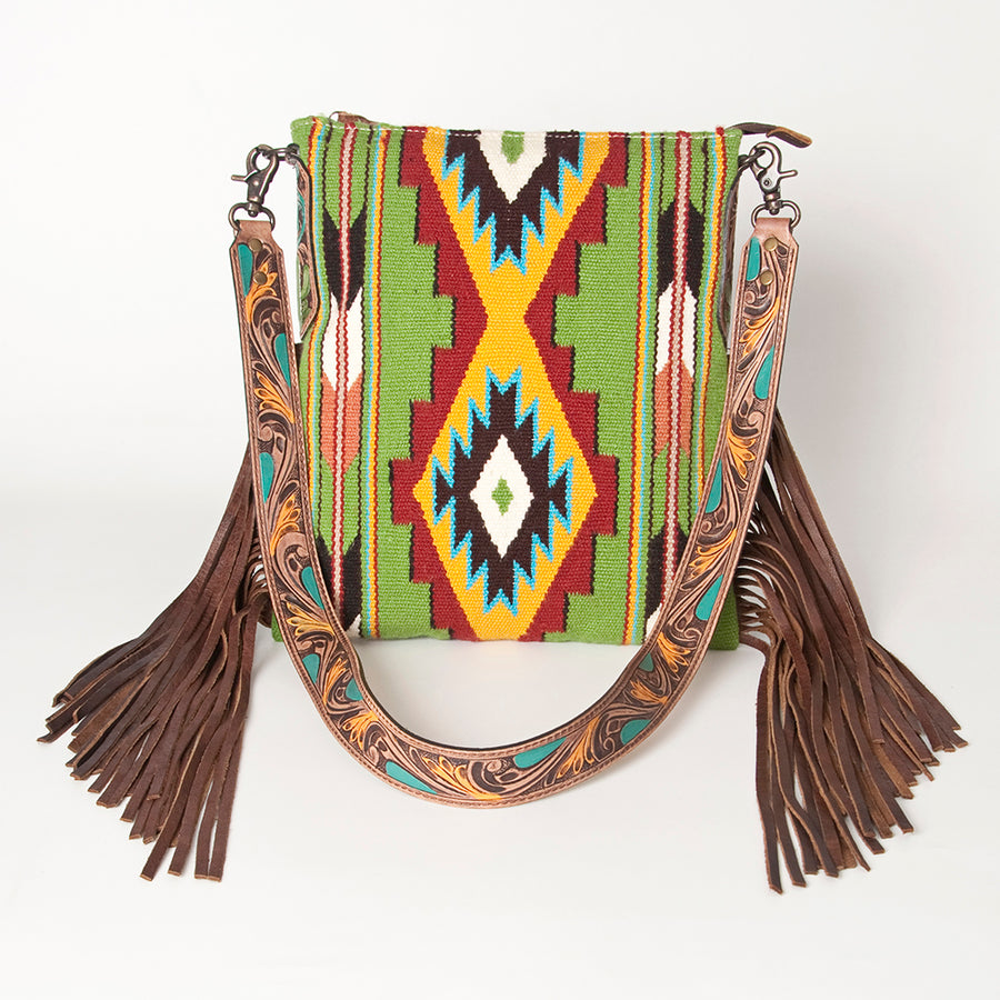 American Darling Cross body Bag Hand Woven Saddle Blanket Hand Tooled Western Leather Purse with Fringes 15in x 15in x 3in