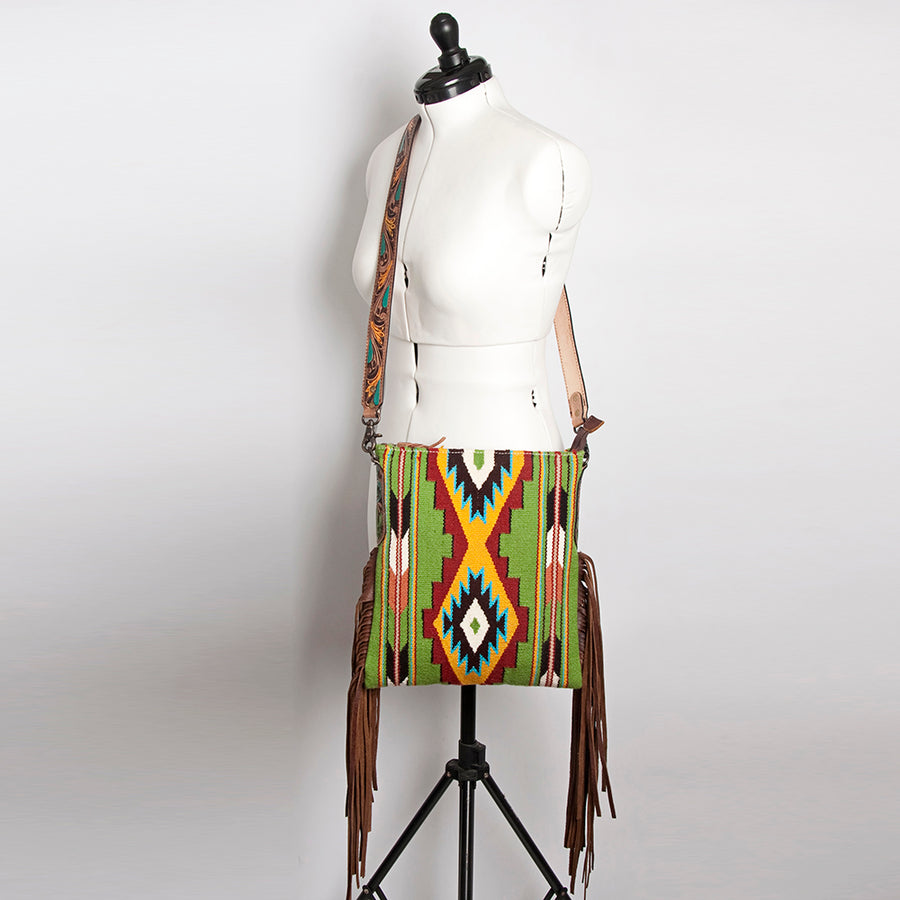 American Darling Cross body Bag Hand Woven Saddle Blanket Hand Tooled Western Leather Purse with Fringes 15in x 15in x 3in
