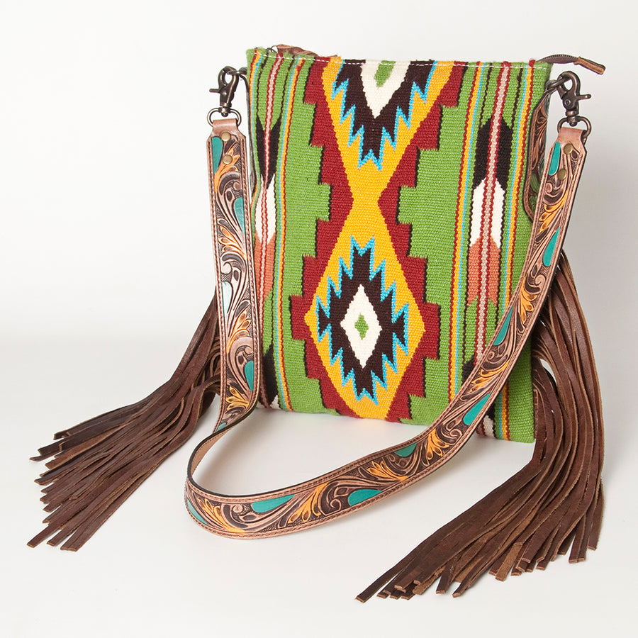 American Darling Hand Woven Saddle Blanket Western Leather Cross body Bag with Fringes - Uhorse