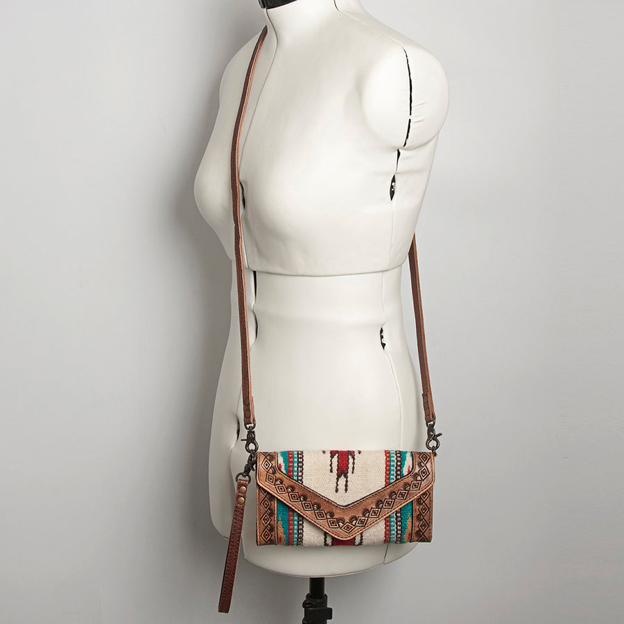 American Darling Envelope Western Hand Tooled Genuine Leather and Saddle Blanket Purse with Wristlet and YKK Zipper